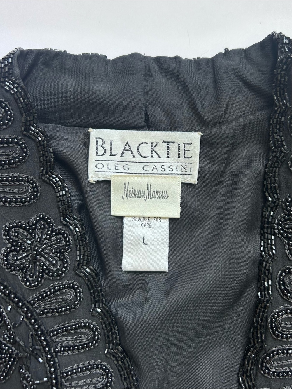 Vintage Oleg Cassini Black Tie Beaded Silk Velvet Formal Blazer Jacket Size L - Picture 10 of 10